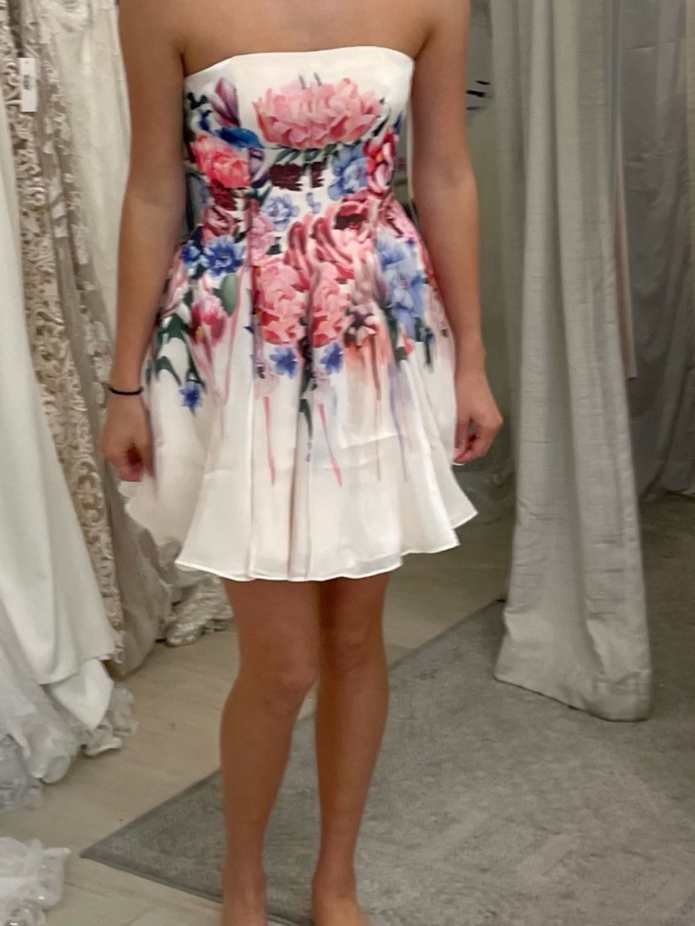 NWOT RENE The Label Strapless Spring Party Dress Cream w/ Pink & Blue Flowers